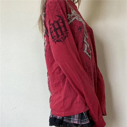 Fairy Grunge y2k Top Women Gothic Graphic Print Round Neck Long Sleeve T Shirt Emo Clothes 2000s Clothing Streetwear