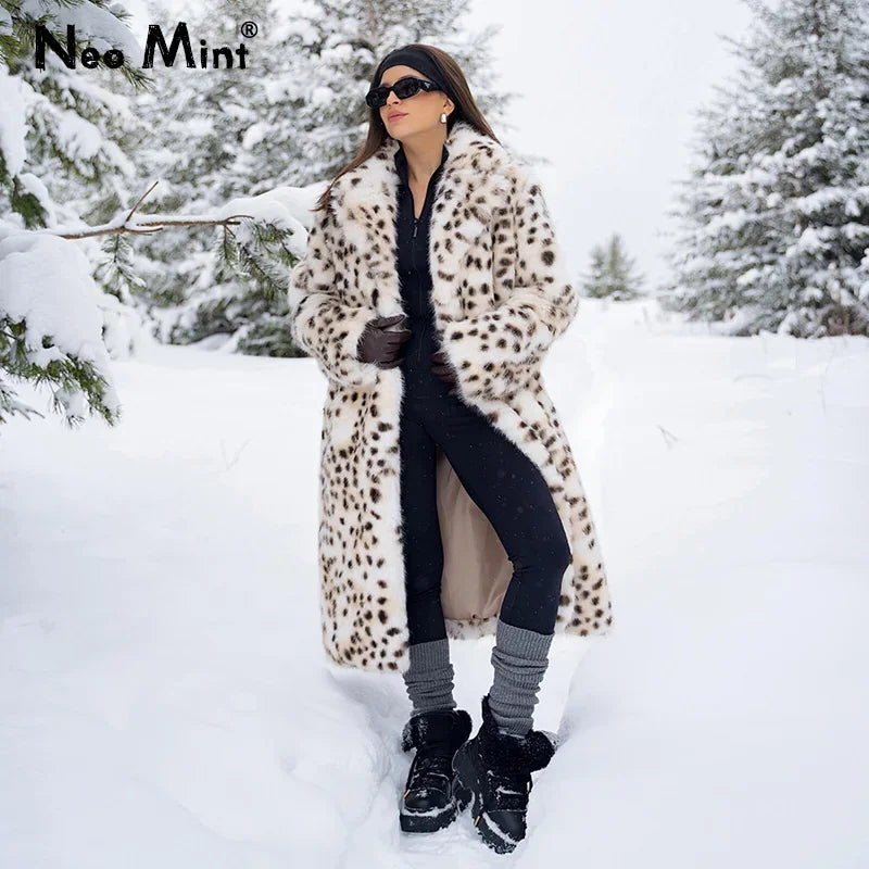 Luxury Maxi Long Leopard Belted Faux Fur Coat Women Winter Brand Fashion Mob Wife Vibe Fox Fur Jacket Overcoat