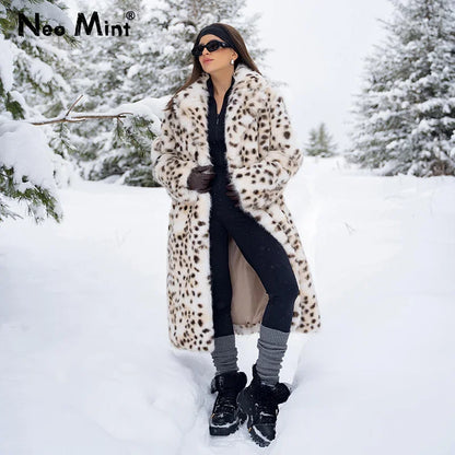 Luxury Maxi Long Leopard Belted Faux Fur Coat Women Winter Brand Fashion Mob Wife Vibe Fox Fur Jacket Overcoat