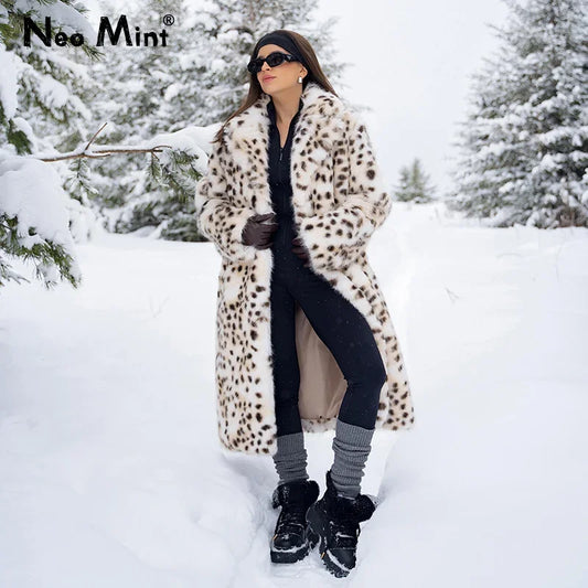 Luxury Maxi Long Leopard Belted Faux Fur Coat Women Winter Brand Fashion Mob Wife Vibe Fox Fur Jacket Overcoat