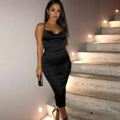 Cowl Neck Spaghetti Strap Side Ruched Satin Bodycon Midi Dress