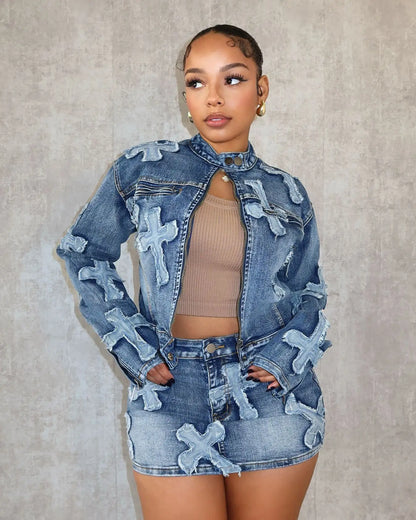 Denim Mini Cargo Elegant Jeans Club Two Piece Skirt Set