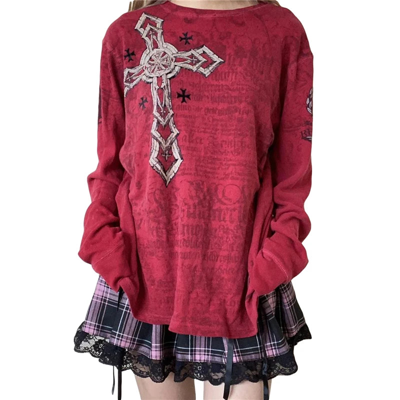 Fairy Grunge y2k Top Women Gothic Graphic Print Round Neck Long Sleeve T Shirt Emo Clothes 2000s Clothing Streetwear