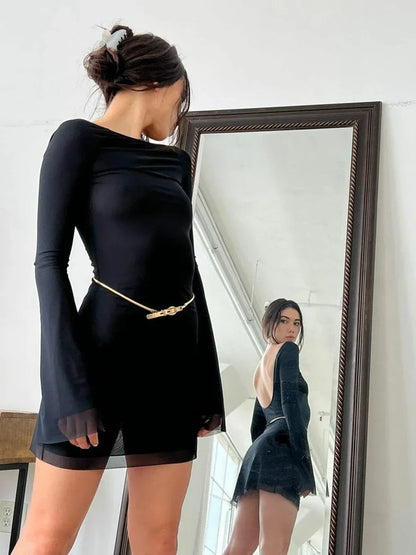 Mesh Off Shoulder Sheer Sleeve Mini Dress