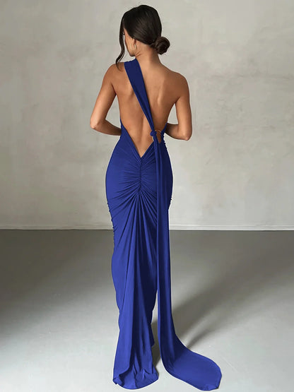 One Shoulder Scarf Ruched Maxi Dress