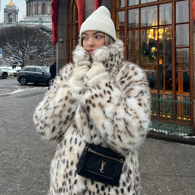 Luxury Maxi Long Leopard Belted Faux Fur Coat Women Winter Brand Fashion Mob Wife Vibe Fox Fur Jacket Overcoat