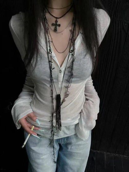Hooded See Through Long Sleeve Sheer Top