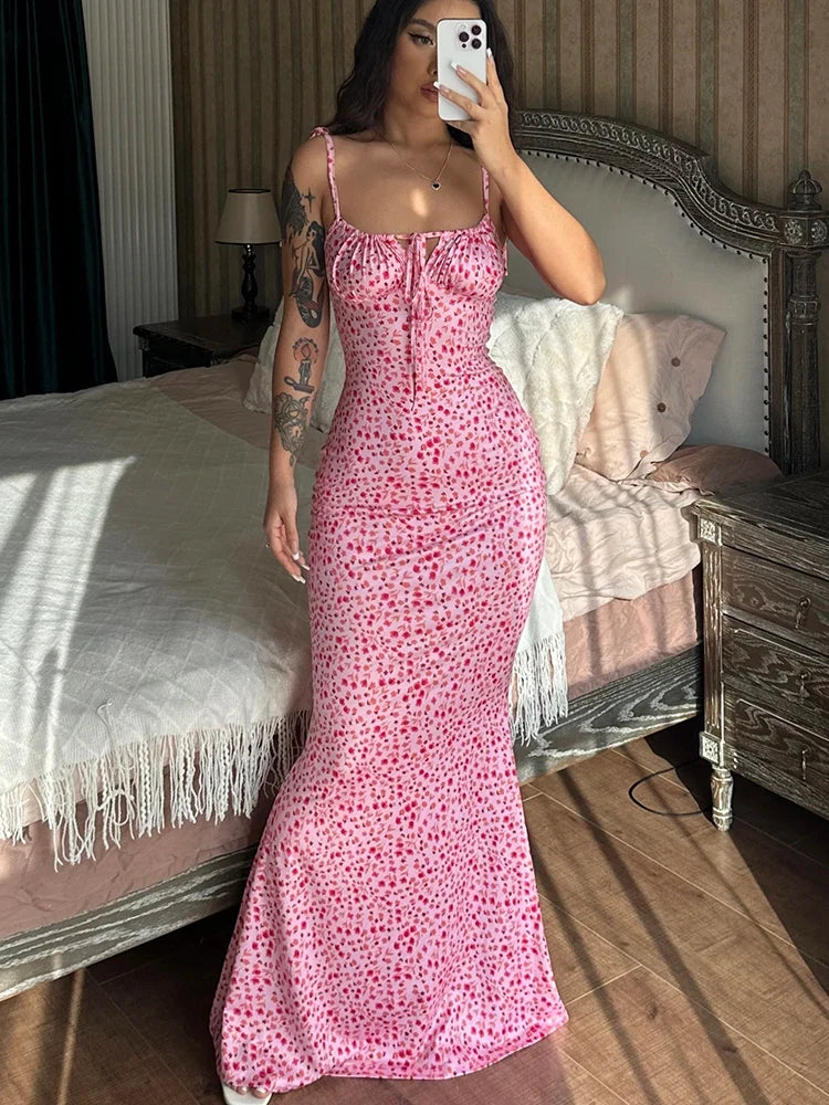 Sleeveless Lace Up Backless Floral Dress