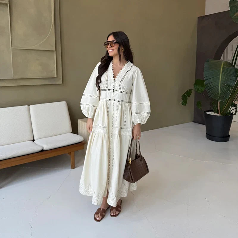 Hollow Lace V-neck Patchwork Maxi Midi Dress