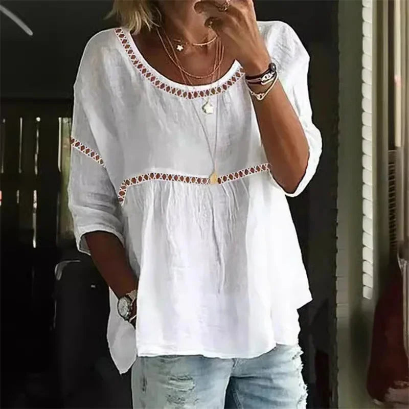 Hollow Out Splice Seven-quarter Sleeve Blouse