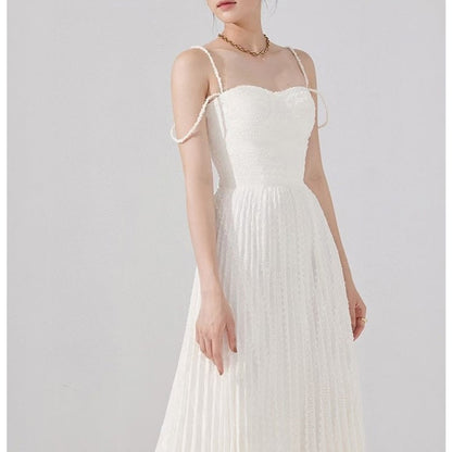 Cold Shoulder Frayed Strap Textured Pleated Corset Bodice Maxi Dress