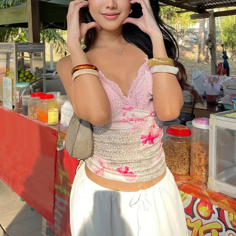 Casual Lace Print Halter Mesh Sheer Top