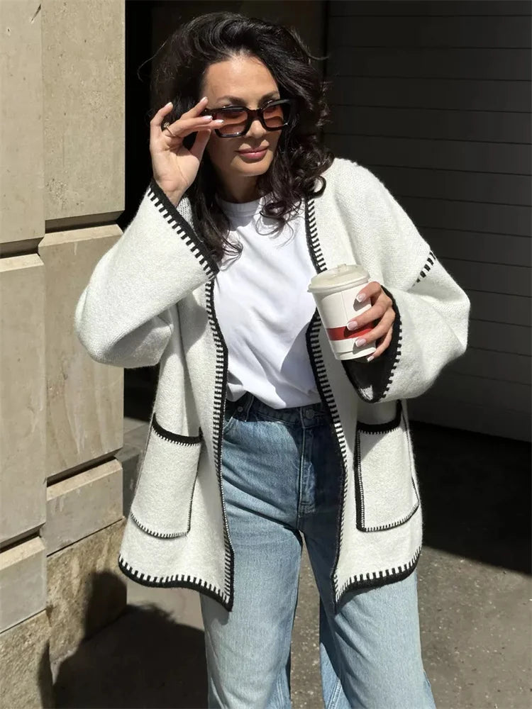 Knit Contrast Cardigan Sweater For Women Lace-Up Pocket Long Sleeve Patchwork Loose Coat Autumn Knitwear Women’s Outwear