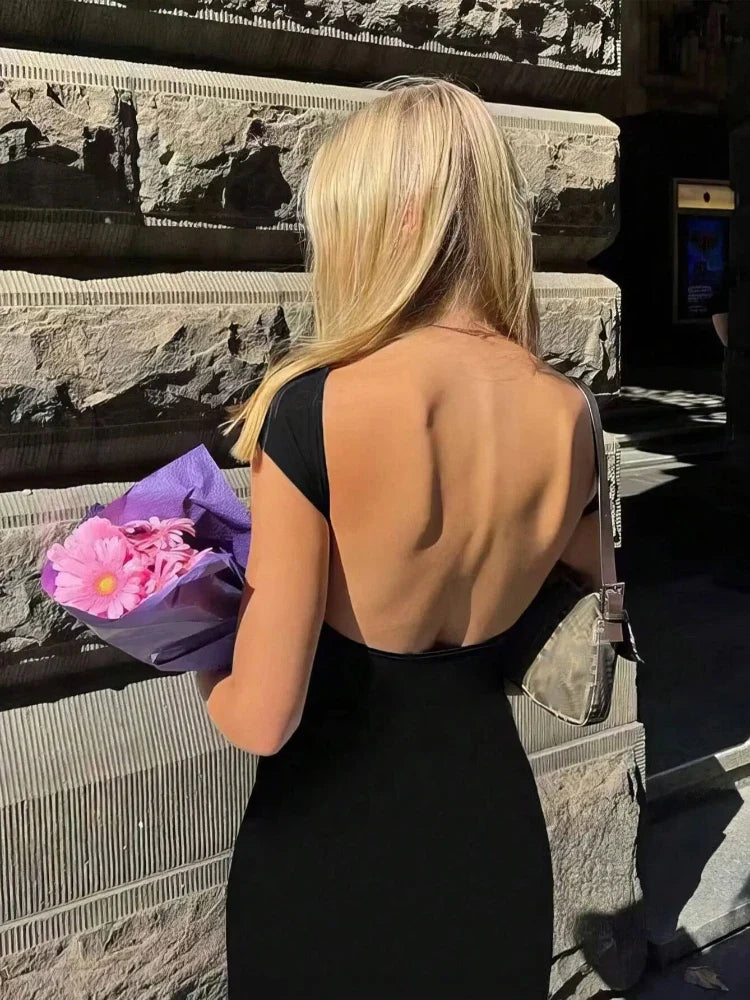 Solid Short Sleeve Backless Maxi Dress