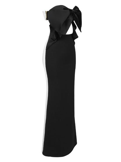 Oversized Bow Strapless Cut Out Mermaid Floor Length Gown With Contrast Train