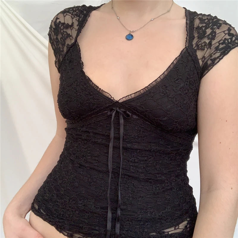 y2k Fairycore Grunge T Shirt Summer Woman V Neck Lace Crop Tops Kawaii Aesthetic Tee Lolita Sweet Pullover Tops