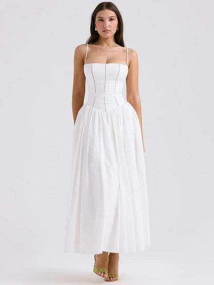 White Spaghetti Strap Backless Midi Dress