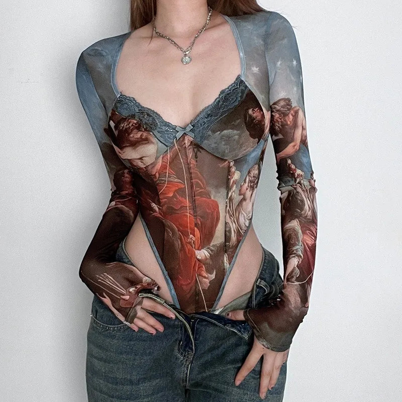 Colorblock Mesh Stitching Sheer Top