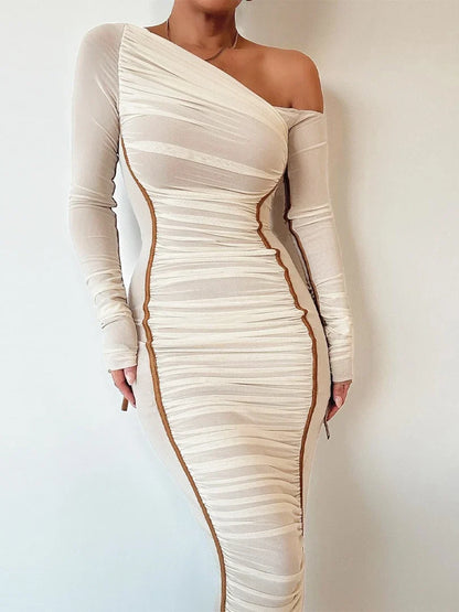 Diagonal Collar Draped Mesh Maxi Dress