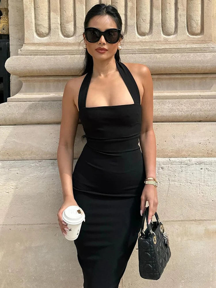 One-Shoulder Bodycon Black Evening Dress For Women Sexy Backless Sleeveless Neck-Mounted Long Party Dress Female Elegant