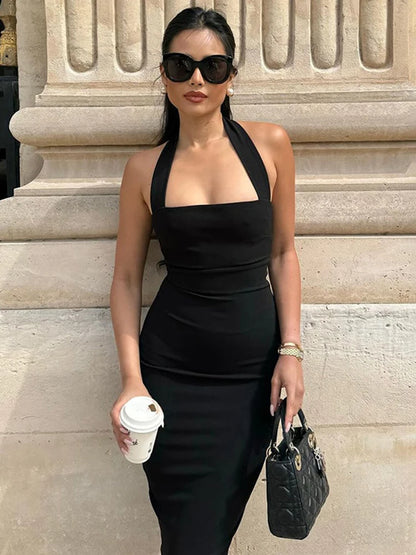 One-Shoulder Bodycon Black Evening Dress For Women Sexy Backless Sleeveless Neck-Mounted Long Party Dress Female Elegant