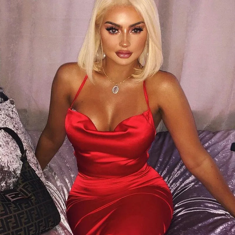 Cowl Neck Spaghetti Strap Side Ruched Satin Bodycon Midi Dress