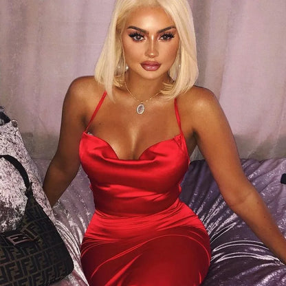 Cowl Neck Spaghetti Strap Side Ruched Satin Bodycon Midi Dress