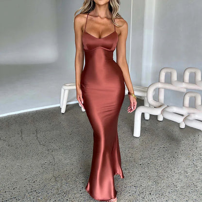 Cross Strap Lace Up Back Satin Maxi Dress