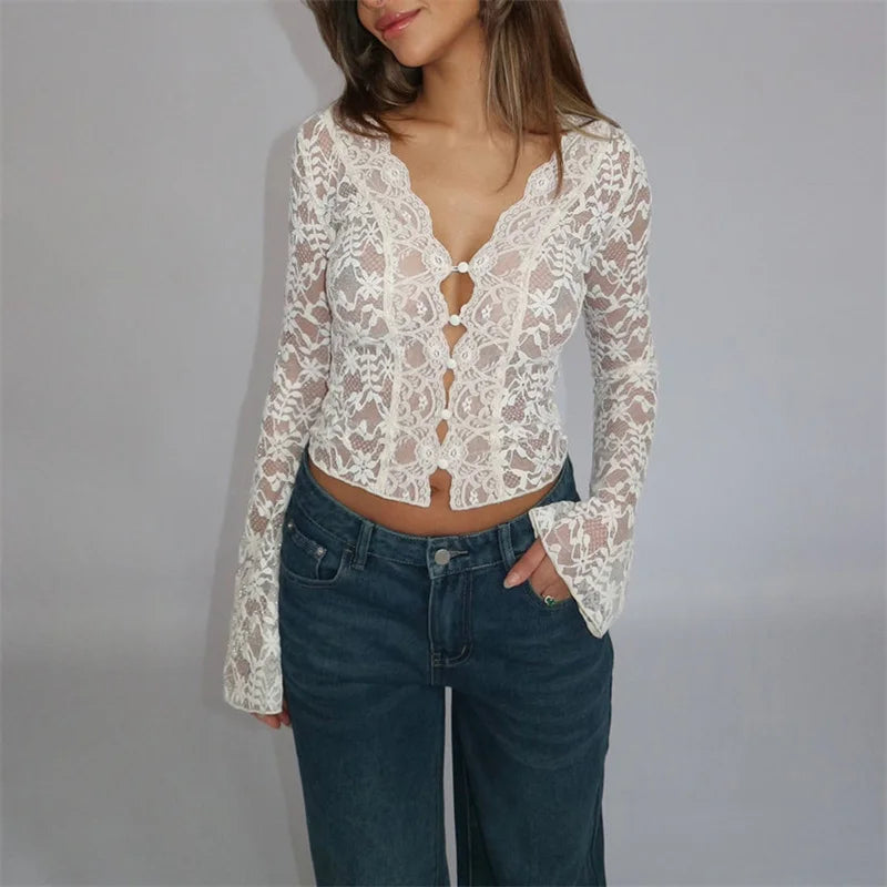 Floral White Lace Long Sleeve Sheer Top