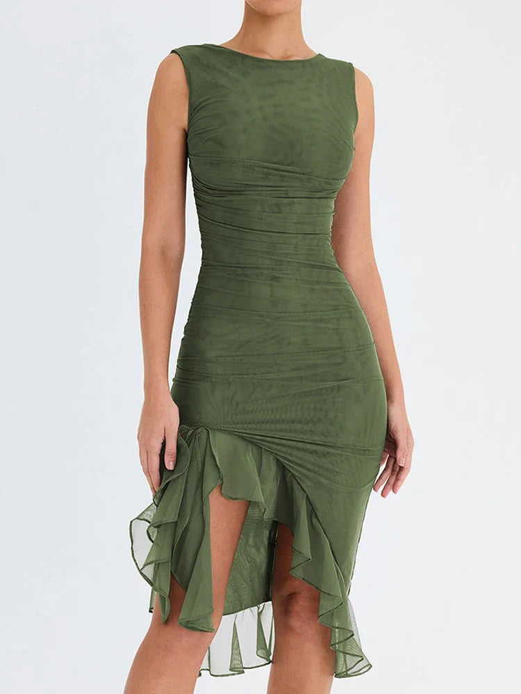Elegant Ruffle Ruched Backless Midi Dress