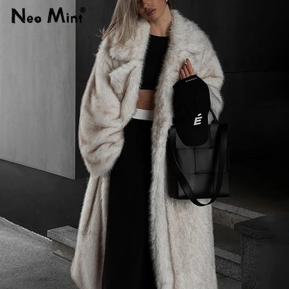 Vintage Luxury Long Faux Fox Fur Coat Women Winter Warm Fluffy Fur Jacket Female Street Furry Outerwear Overcoat