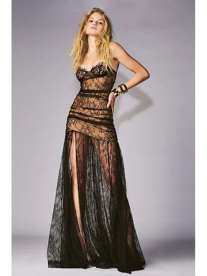 Strapless Lace Corset Tiered Ruffle High Split Maxi Dress