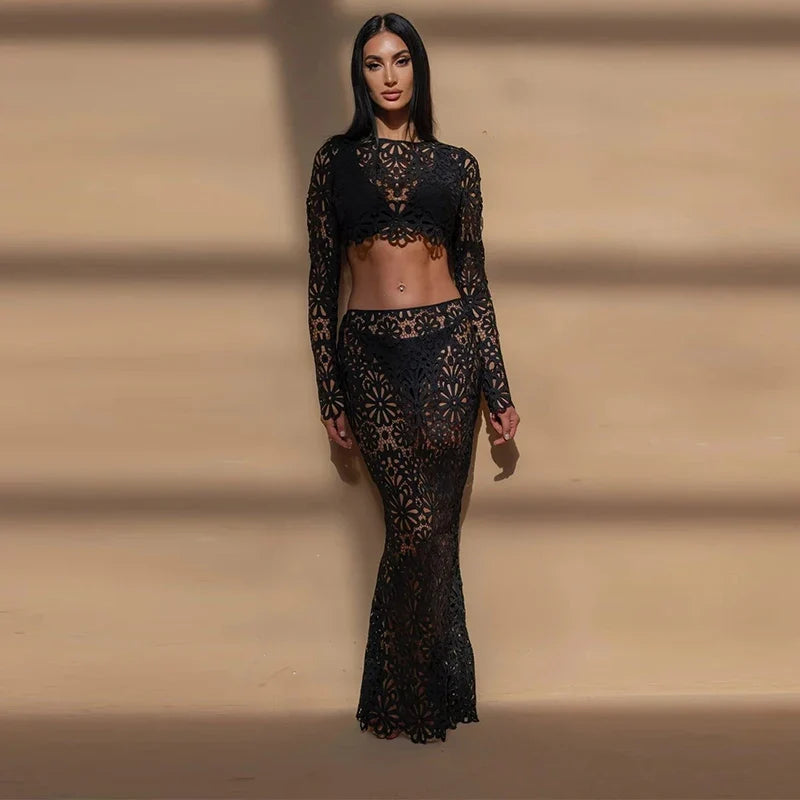 Crochet See Through Flare Sleeve Long Two Piece Skirt Set