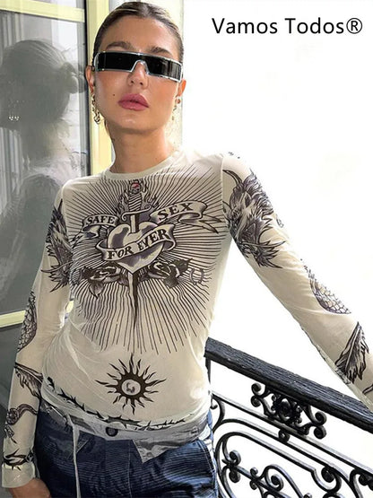 Summer Fashion Round Neck Long Sleeve Graphic T Shirts Sexy Printed Patchwork Women Clothing Casual Slightly Translucent Y2k Top