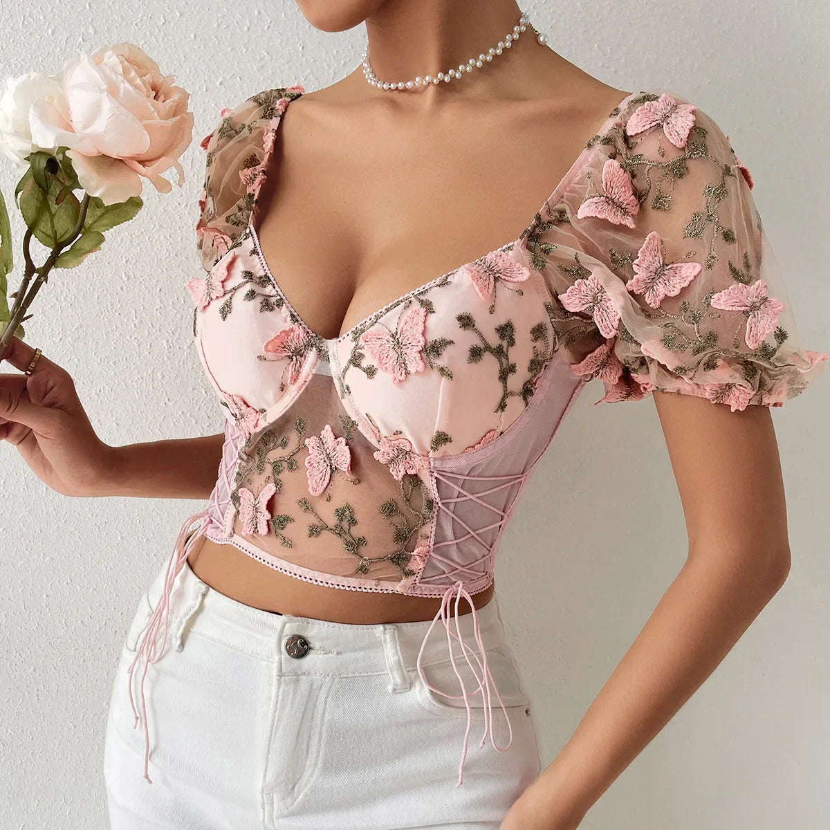 Puff Sleeve Mesh Patchwork Boho Crop Top