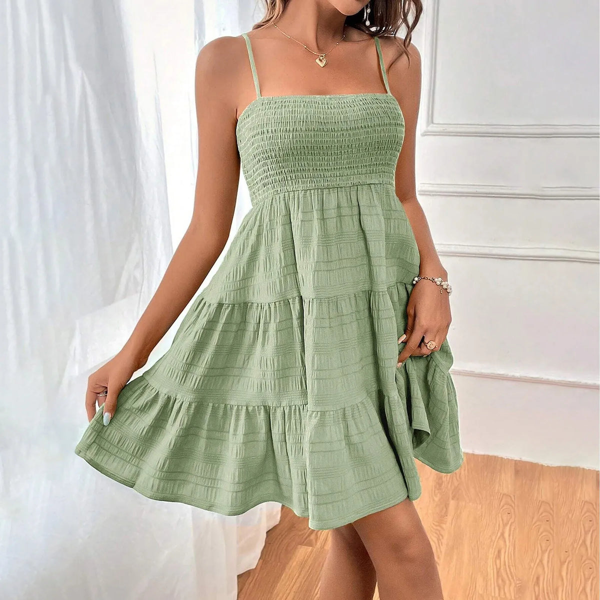 Smocked Square Neck Spaghetti Strap Tiered Ruffle Hem Mini Dress