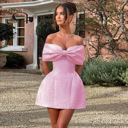 Off Shoulder Oversized Bow Jacquard Fit and Flare Mini Dress