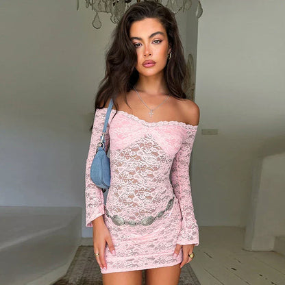 Off Shoulder Floral Lace Long Sleeve Scallop Trim Mini Dress