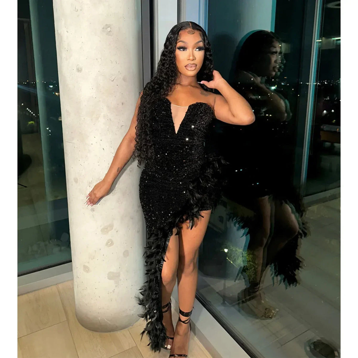 Feather Mesh Sequin Split Maxi Party Dress