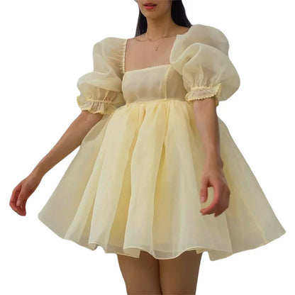 Puffy Dresses for Women y2k Aesthetic Solid Color Square Neck Bubble Sleeve Dress Sweet 2000s Party Dresses Streetwear