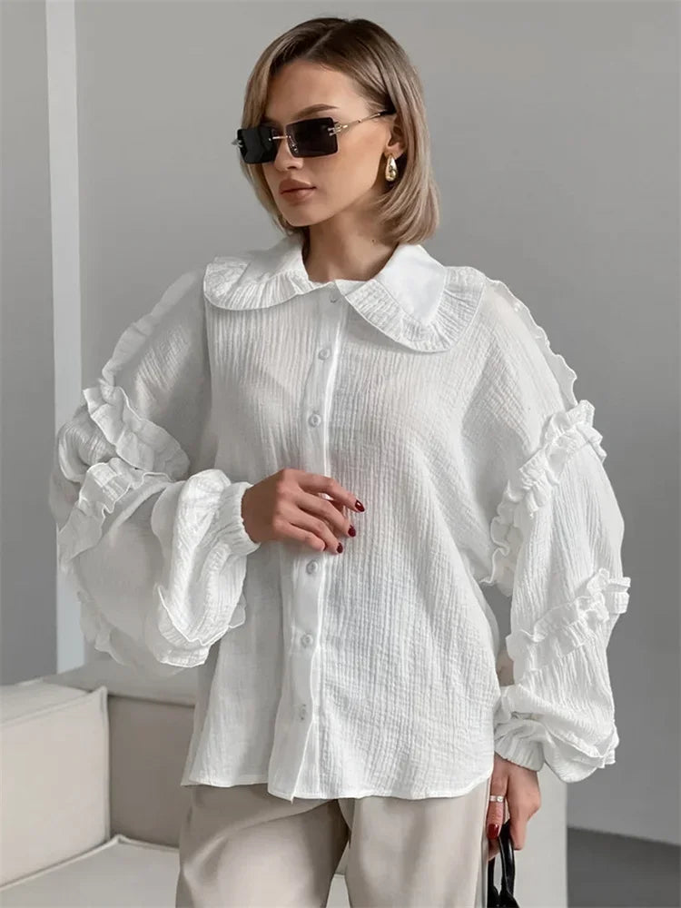 Ruffled White Loose Shirts For Women Long Sleeve Elegant Fashion Autumn Solid Casual Outwear Female Shirts Coat Summer New
