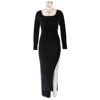 Square Neck Ruched Waist High Slit Long Sleeve Maxi Dress