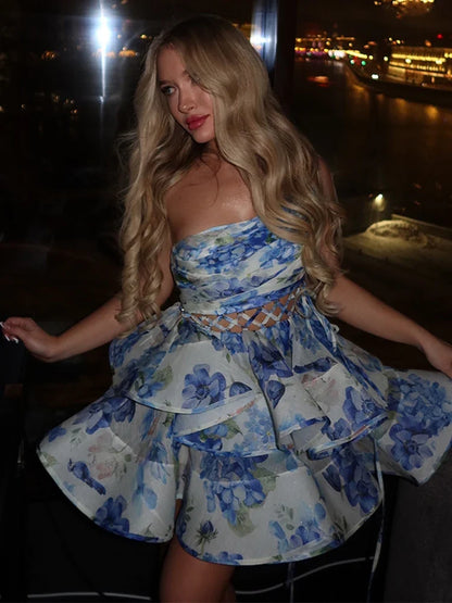 Single Shoulder Pleated Floral Dress