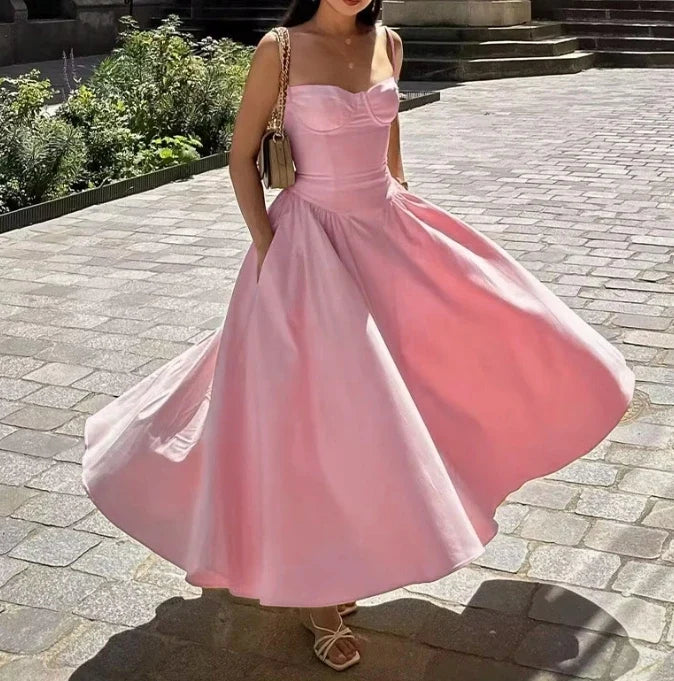 Solid Color French Retro Strap Silk Dress