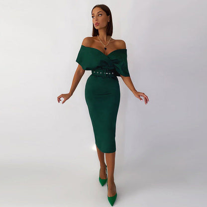 Off Shoulder Draped Cap Sleeve Wrap Belt Grommet Bodycon Midi Dress