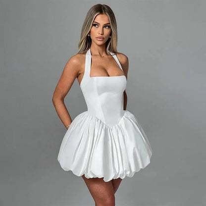 Polka Dot Square Neck Halter Puff Skirt Mini Dress