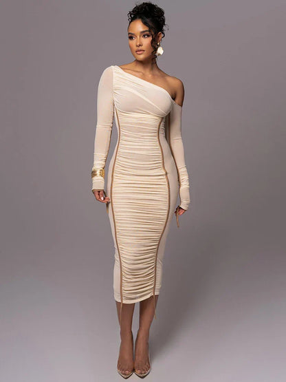 Asymmetric Off Shoulder Ruched Panel Bodycon Midi Dress