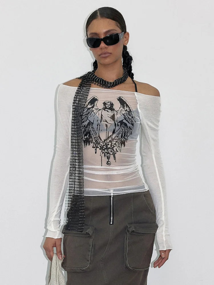 Knitted Mesh Character Print Sheer Top