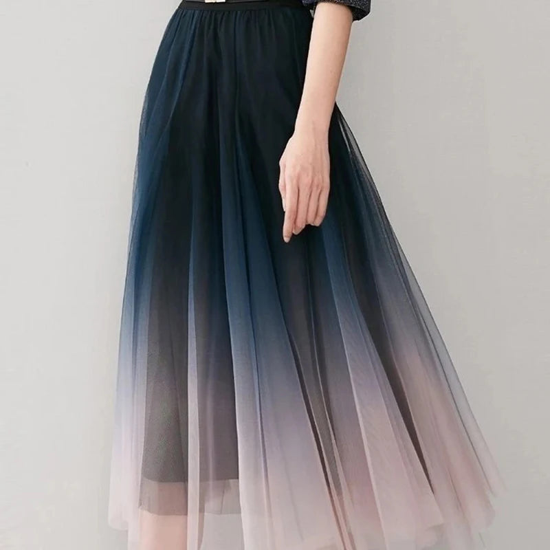 Elegant Tulle Skirts Women High Waist Gradient Mesh Pleated Midi Skirt Korean Elastic Loose Casual All Match A Line Skirt