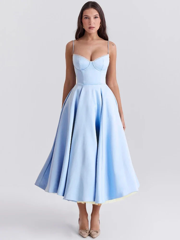 A-line Backless Spaghetti Strap Midi Dress